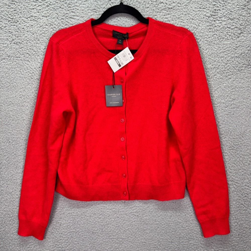 Charter Club Sweater Womens PL Chili Red Luxury 100% Cashmere Crewneck Cardigan